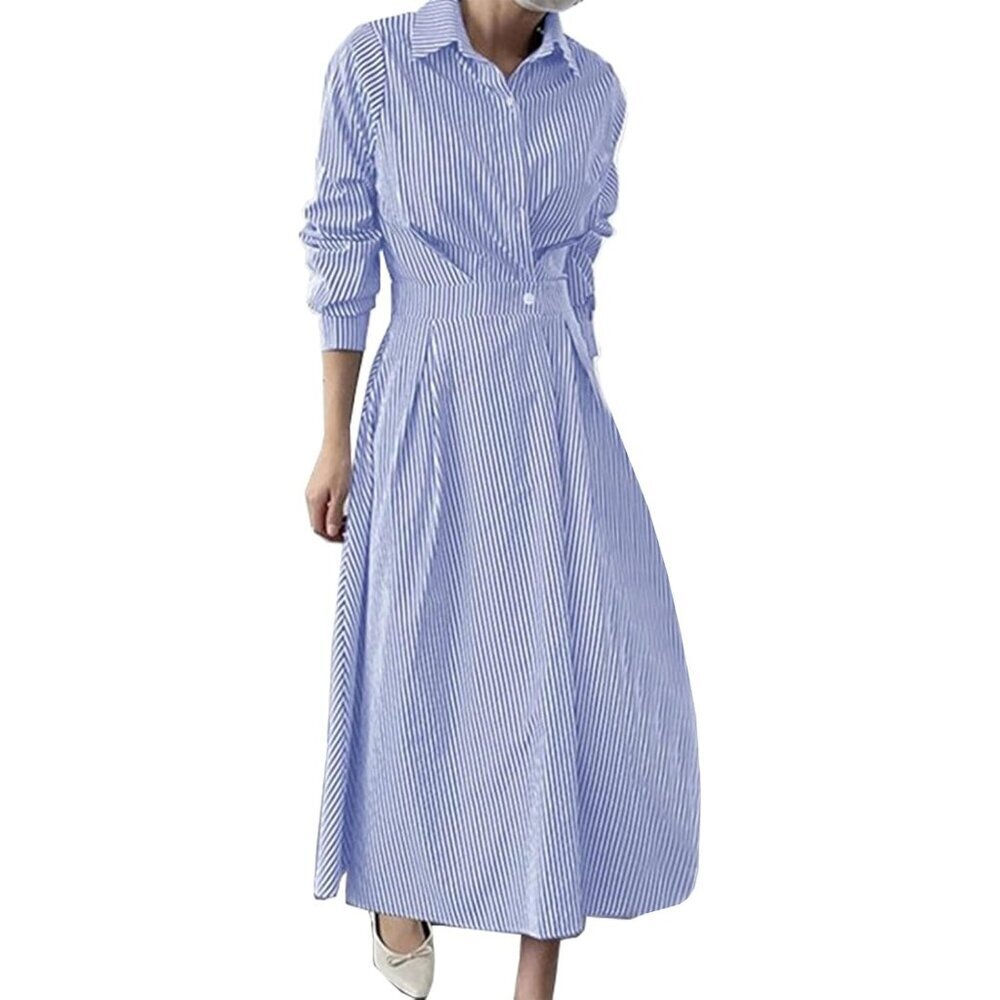 Women's Striped Shirt Dress Long Sleeve Button Elegant Maxi Casual